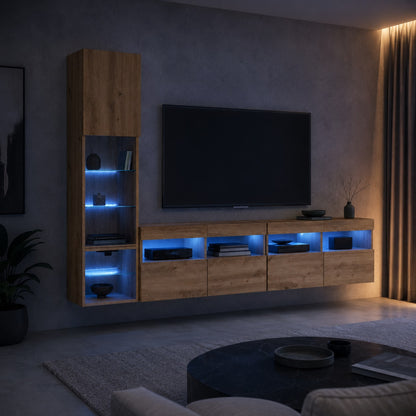 Meuble TV suspendu en bois avec éclairage LED bleu et rangements muraux design contemporain