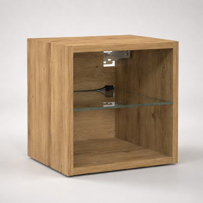 Module vitrine de meuble TV suspendu en bois avec étagère en verre et éclairage LED