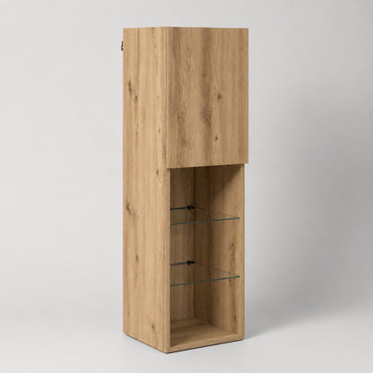 Module bas de meuble TV en bois suspendu avec niches ouvertes et rangements fermés