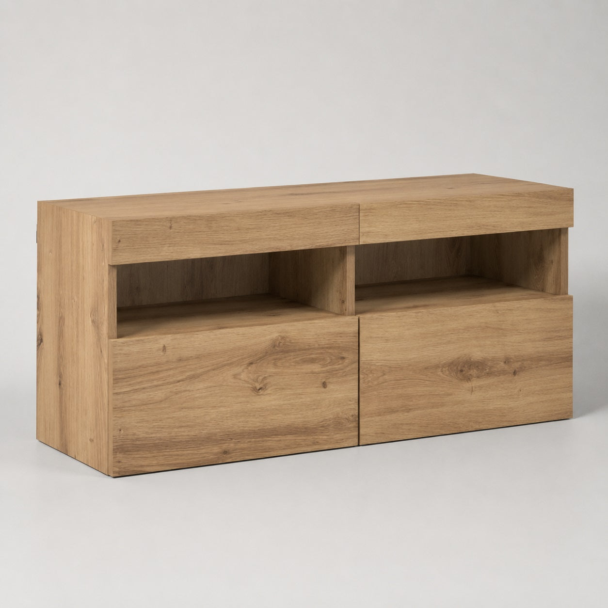 Ensemble meuble TV suspendu en bois avec colonne vitrée et rangements muraux design