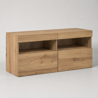Ensemble meuble TV suspendu en bois avec colonne vitrée et rangements muraux design