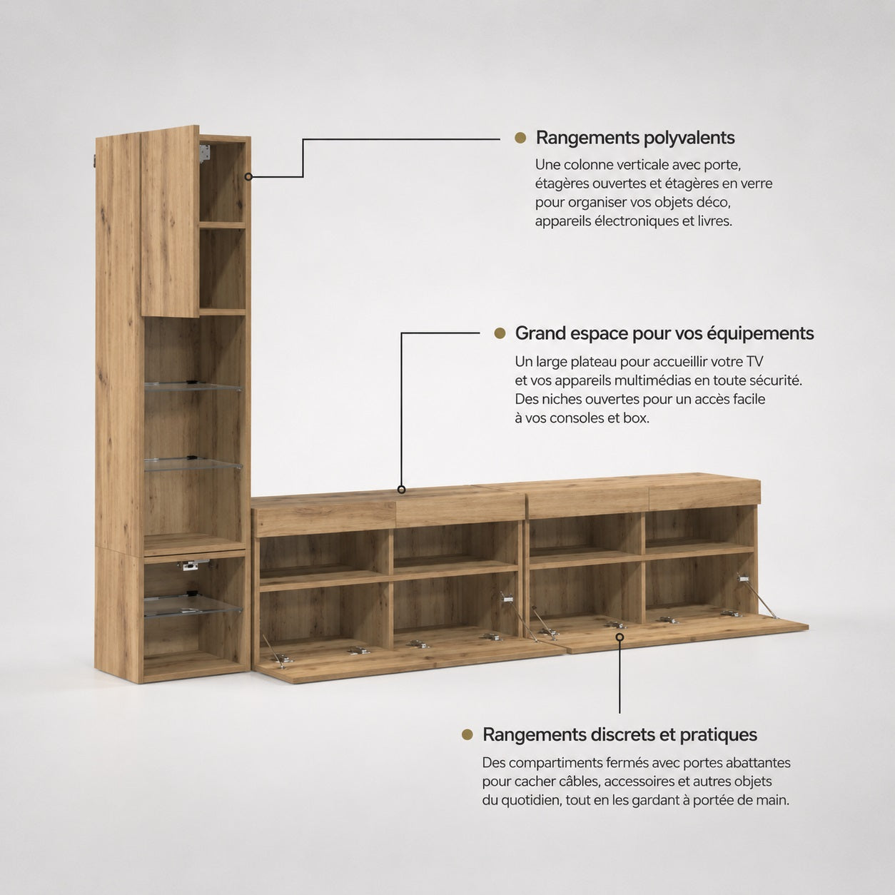 Meuble TV en bois suspendu avec rangements fermés, niches ouvertes et colonne de rangement intégrée