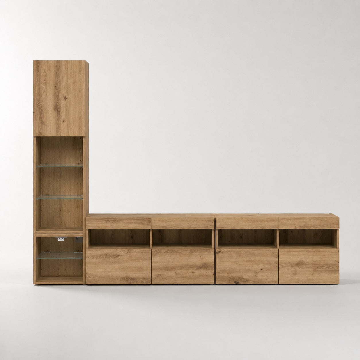 Meuble TV en bois suspendu avec vitrine et grands espaces de rangement finition chêne artisanal