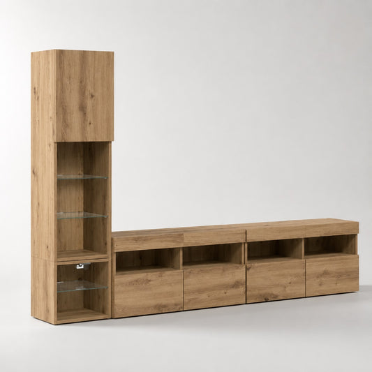 Meuble TV en bois suspendu avec vitrine et rangements muraux finition chêne artisanal moderne