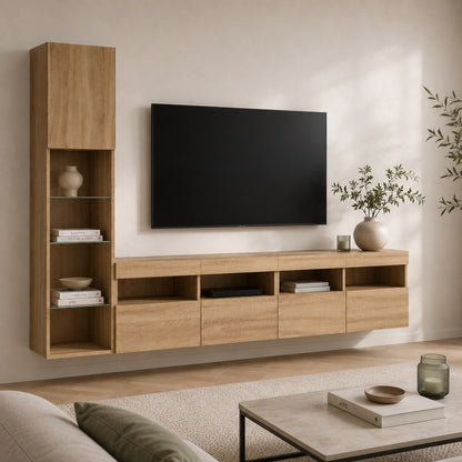 Meuble TV suspendu en bois dans salon contemporain avec vitrine et rangements fonctionnels