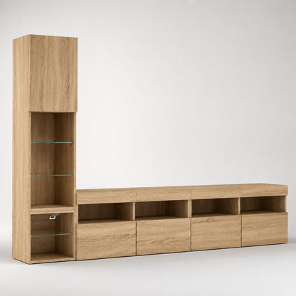 Meuble TV en bois suspendu finition chêne sonoma avec vitrine et rangements muraux modernes