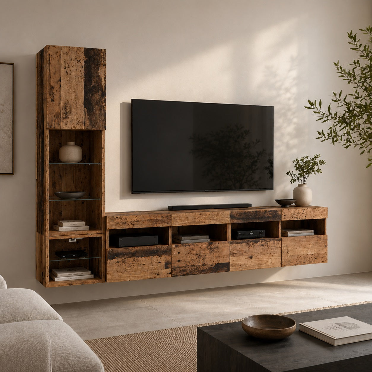 Meuble TV en bois suspendu style vieux bois avec colonne vitrée dans un salon chaleureux et contemporain