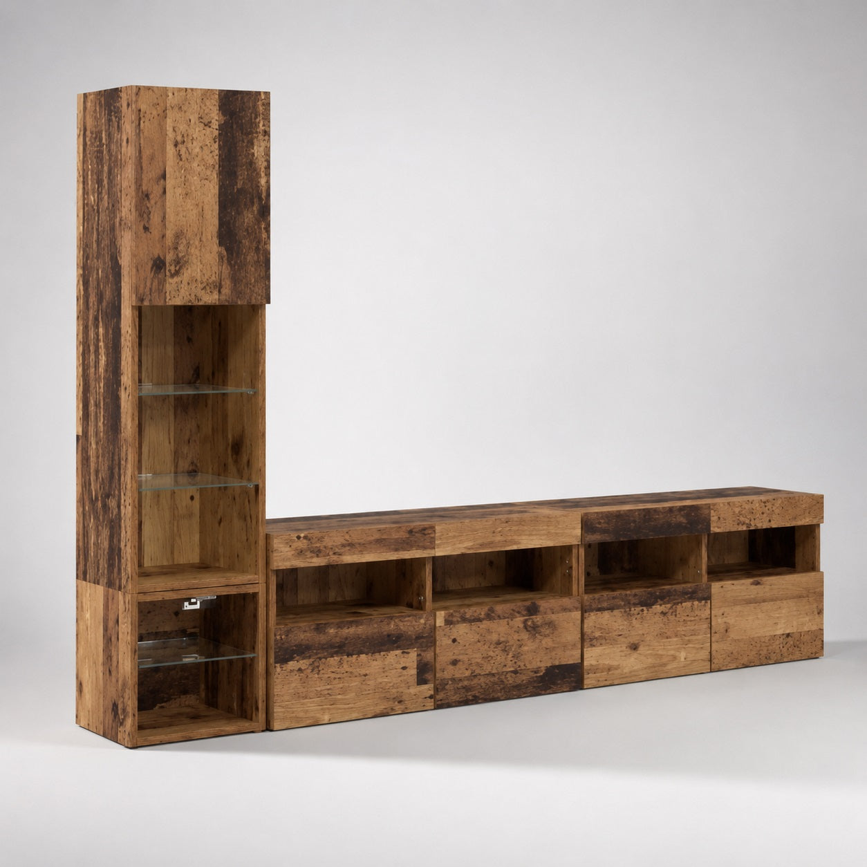 Meuble TV en bois suspendu finition vieux bois avec vitrine et rangements style industriel