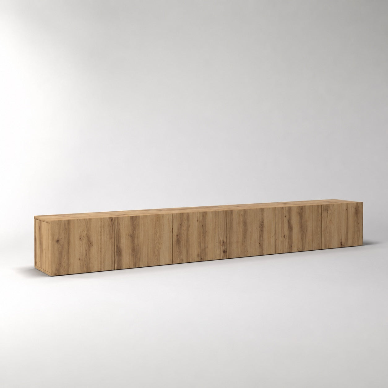 Meuble TV suspendus en bois finition chêne naturel, grand format avec rangements discrets et style épuré