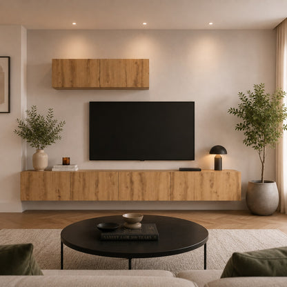 Meuble TV suspendus en bois avec meuble mural, ambiance chaleureuse et décoration contemporaine élégante