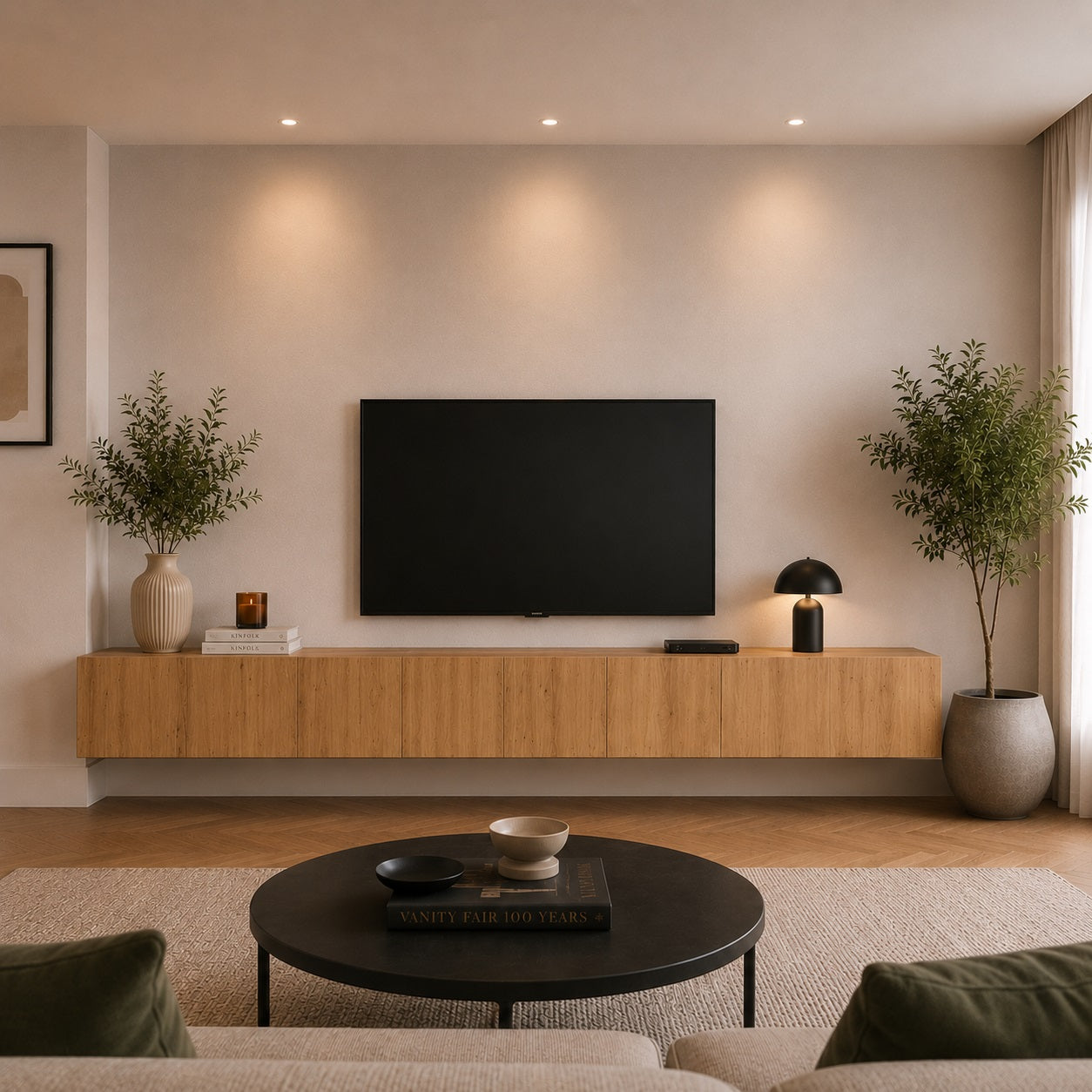 Meuble TV suspendus en bois chêne naturel, design contemporain et rangement discret pour salon élégant