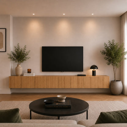 Meuble TV suspendus en bois chêne naturel, design contemporain et rangement discret pour salon élégant
