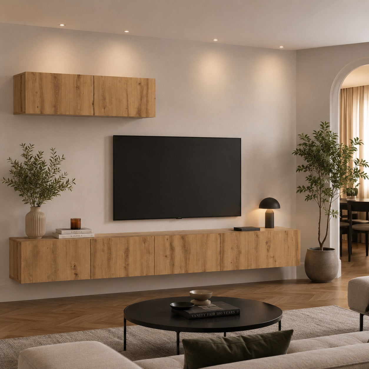 Meuble TV suspendus en bois dans salon contemporain, design minimaliste et rangements muraux pratiques