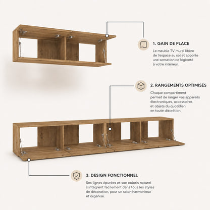 Structure intérieure du meuble TV suspendus en bois avec rangements optimisés et gain de place mural