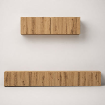 Meuble TV suspendus en bois avec meuble mural assorti, finition chêne naturel et design minimaliste
