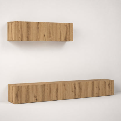 Meuble TV suspendus en bois avec meuble mural assorti, design moderne et rangements fermés élégants