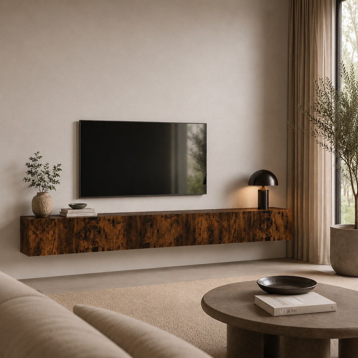 Meuble TV suspendus en bois foncé, design contemporain avec rangements suspendus et décoration raffinée
