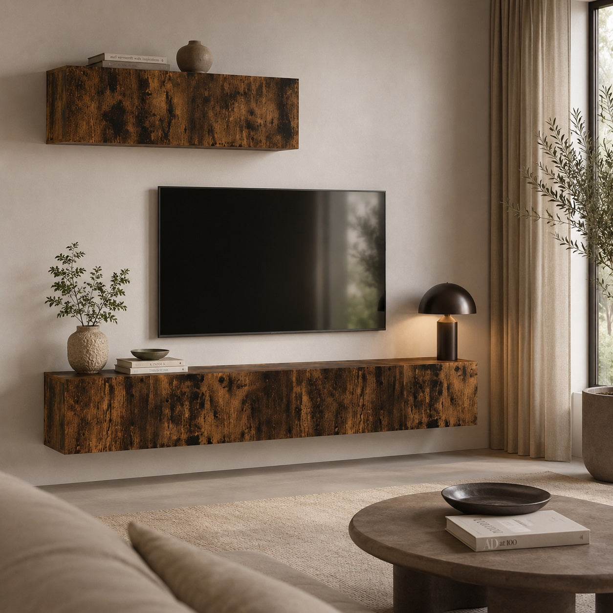 Meuble TV suspendus en bois chêne fumé dans salon moderne, rangement mural élégant et fonctionnel