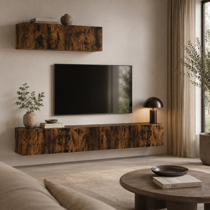 Meuble TV suspendus en bois chêne fumé dans salon moderne, rangement mural élégant et fonctionnel