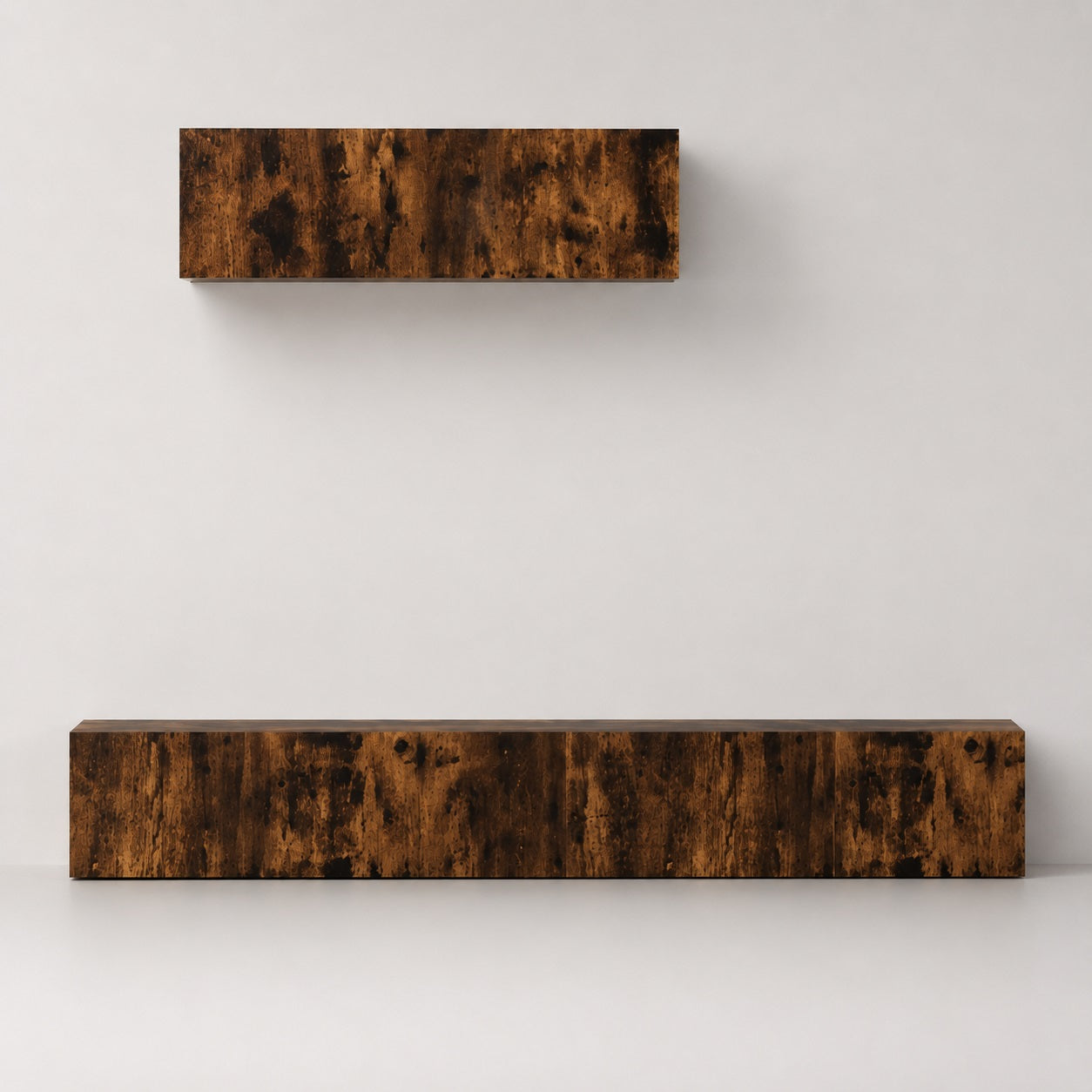 Meuble TV suspendus en bois chêne fumé avec meuble mural assorti, lignes épurées et style moderne