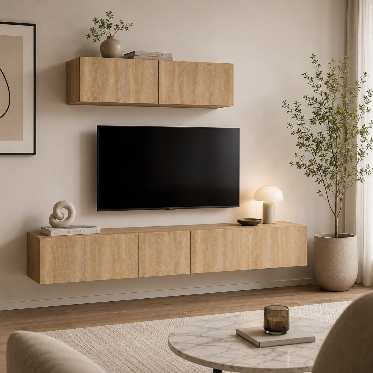 Meuble TV suspendus en bois chêne sonoma dans salon moderne, rangements suspendus et style épuré