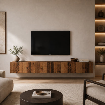 Meuble TV suspendus en bois vieilli avec meuble mural assorti, ambiance chaleureuse et style authentique