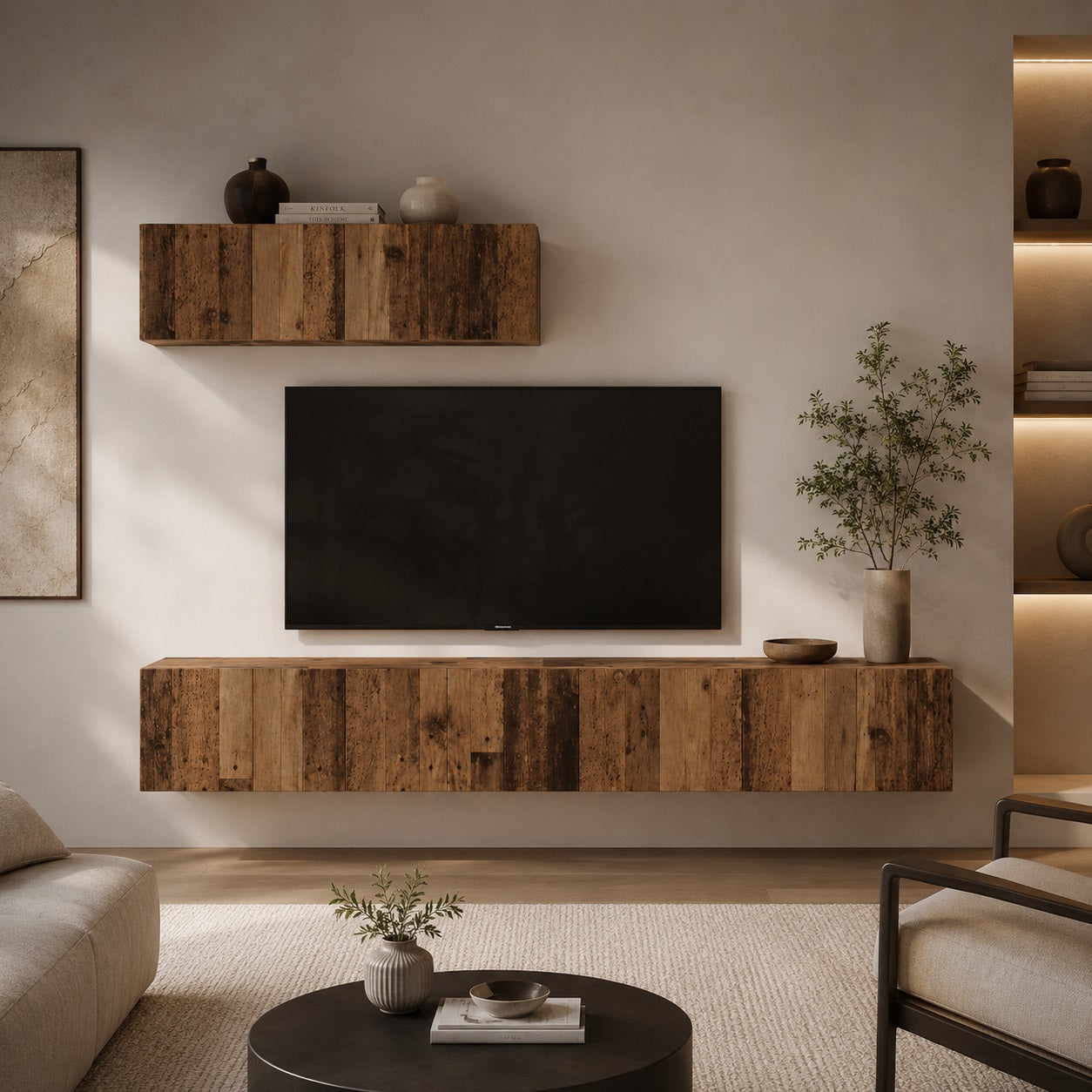 Meuble TV suspendus en bois effet vieux bois dans salon moderne, rangements muraux élégants et pratiques