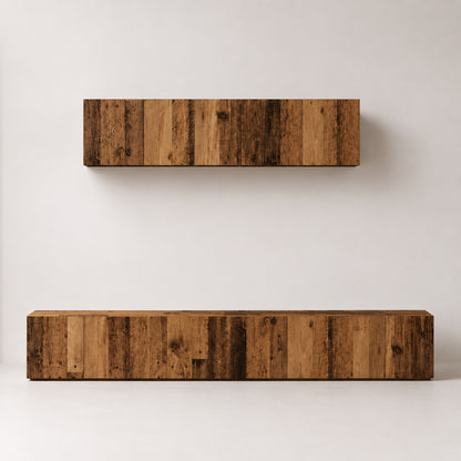 Meuble TV suspendus en bois effet vieux bois, design mural moderne et rangements discrets pour salon