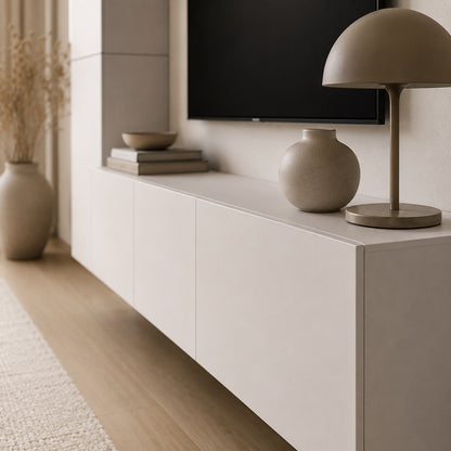 Détail du meuble TV suspendus moderne blanc avec finition mate et lignes épurées design