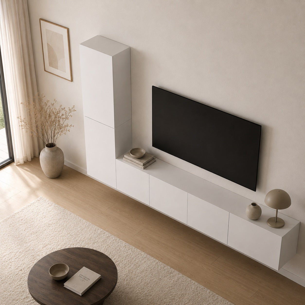 Vue aérienne du meuble TV suspendus moderne blanc avec rangements fermés et style contemporain