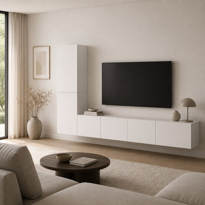 Meuble TV suspendus moderne blanc en situation dans un salon épuré au style contemporain et lumineux