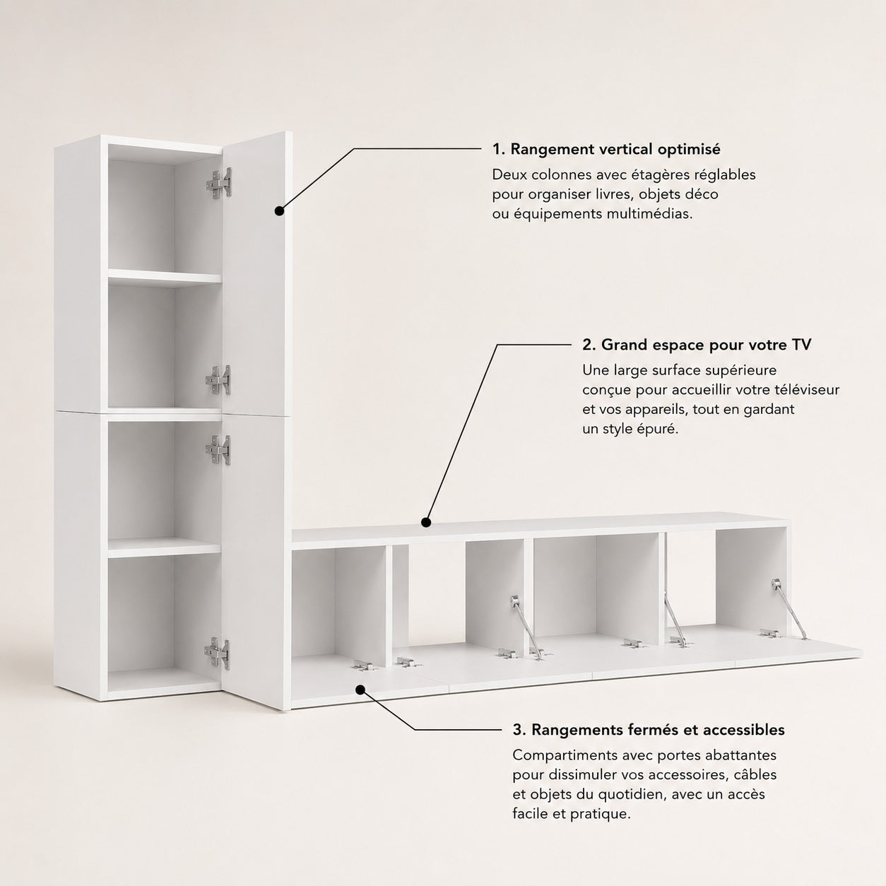 Meuble TV suspendus moderne blanc avec rangements fermés et colonne verticale de grande capacité