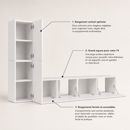 Meuble TV suspendus moderne blanc avec rangements fermés et colonne verticale de grande capacité