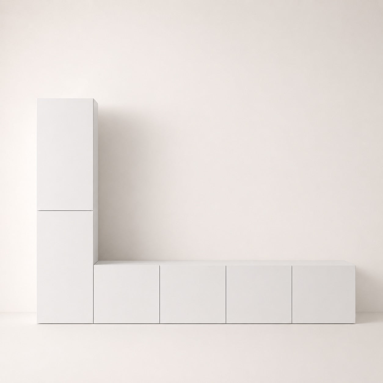 Vue frontale du meuble TV suspendus moderne blanc avec meuble mural intégré et design épuré