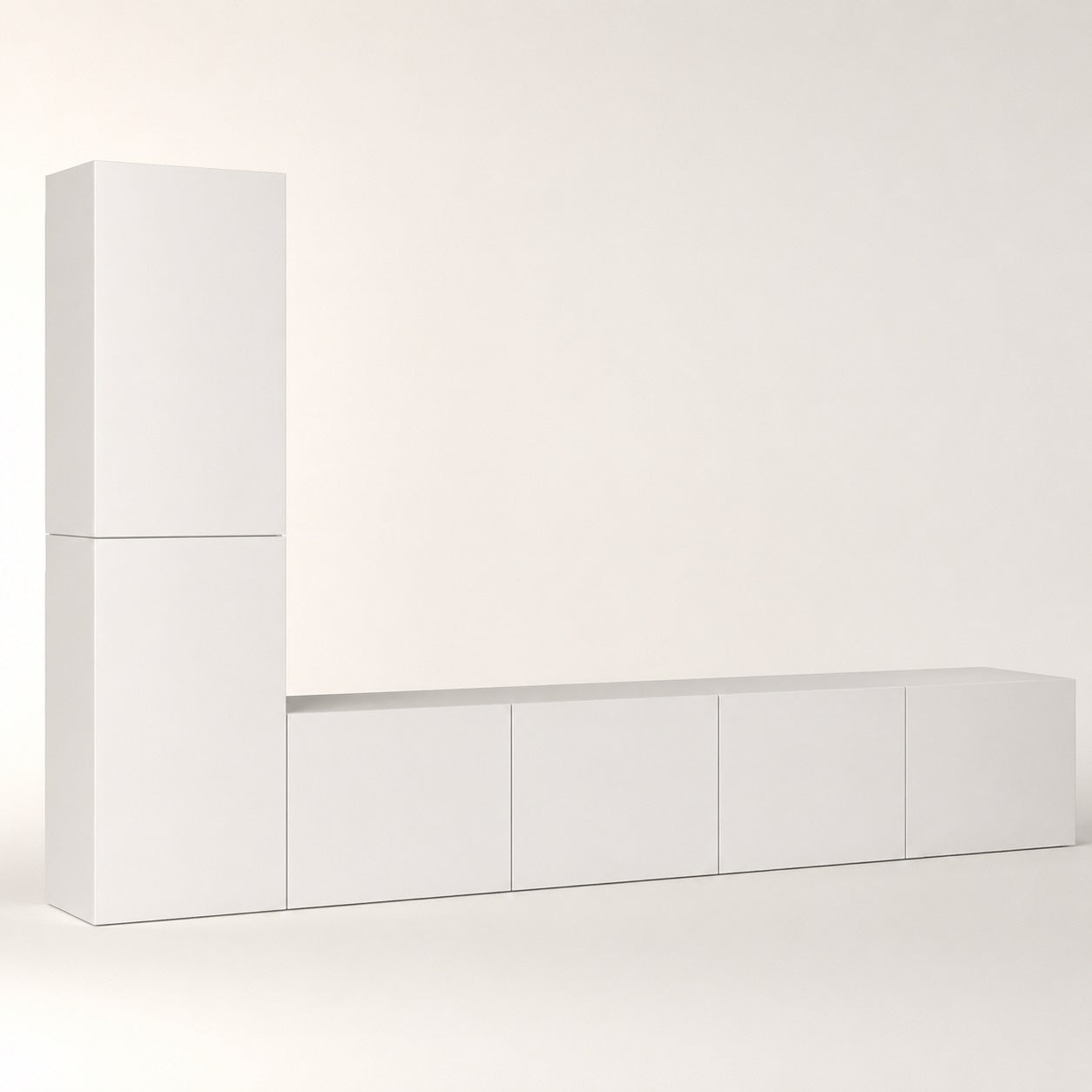 Meuble TV suspendus moderne blanc avec colonne de rangement verticale et design minimaliste contemporain
