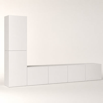 Meuble TV suspendus moderne blanc avec colonne de rangement verticale et design minimaliste contemporain