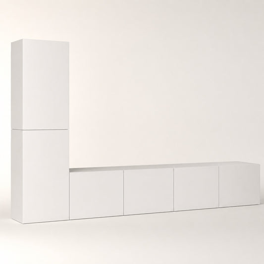 Meuble TV suspendus moderne blanc avec colonne de rangement verticale et design minimaliste contemporain