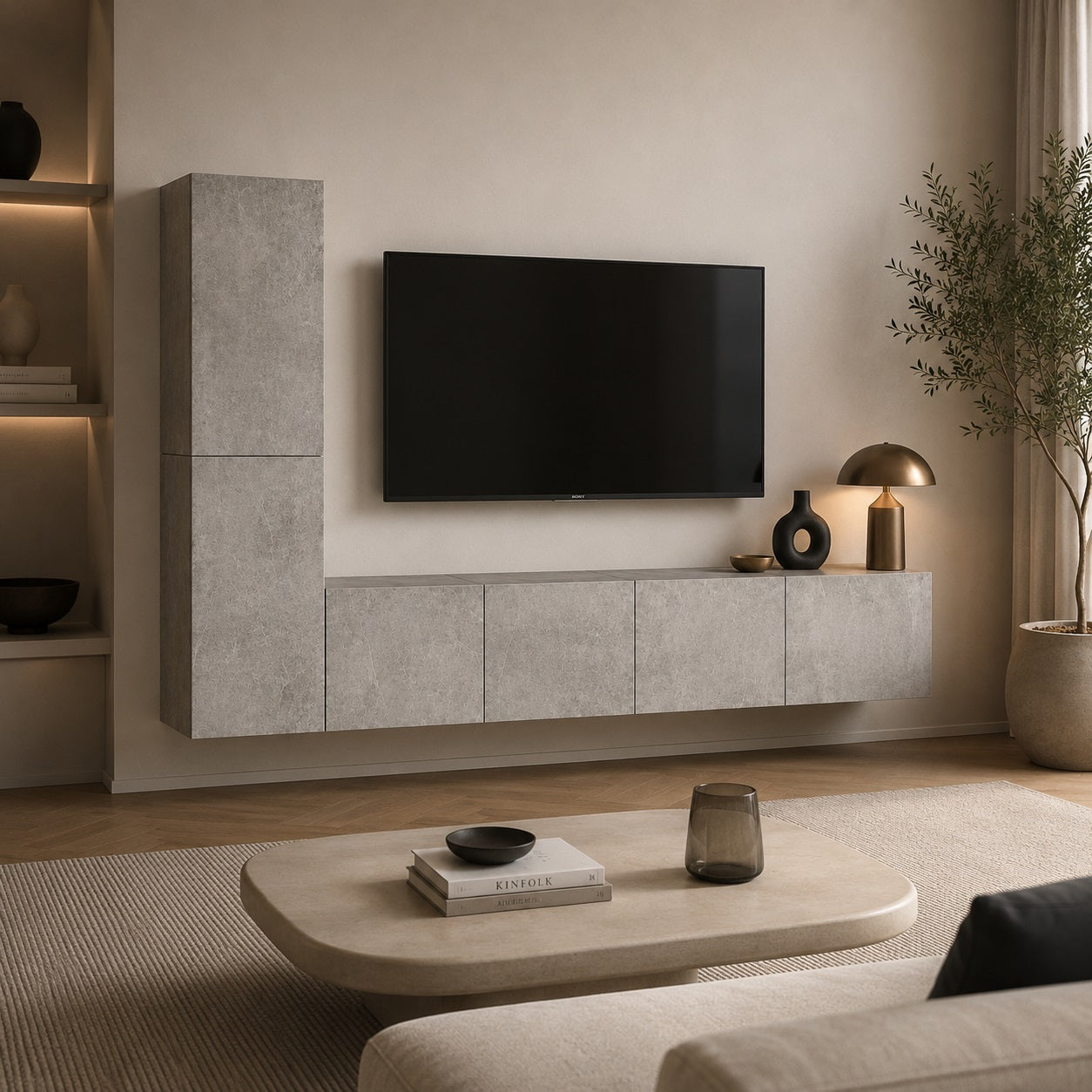 Meuble TV suspendus moderne effet béton avec colonne de rangement et design contemporain élégant