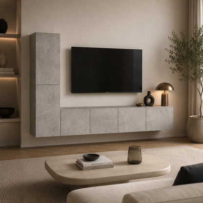 Meuble TV suspendus moderne effet béton avec colonne de rangement et design contemporain élégant