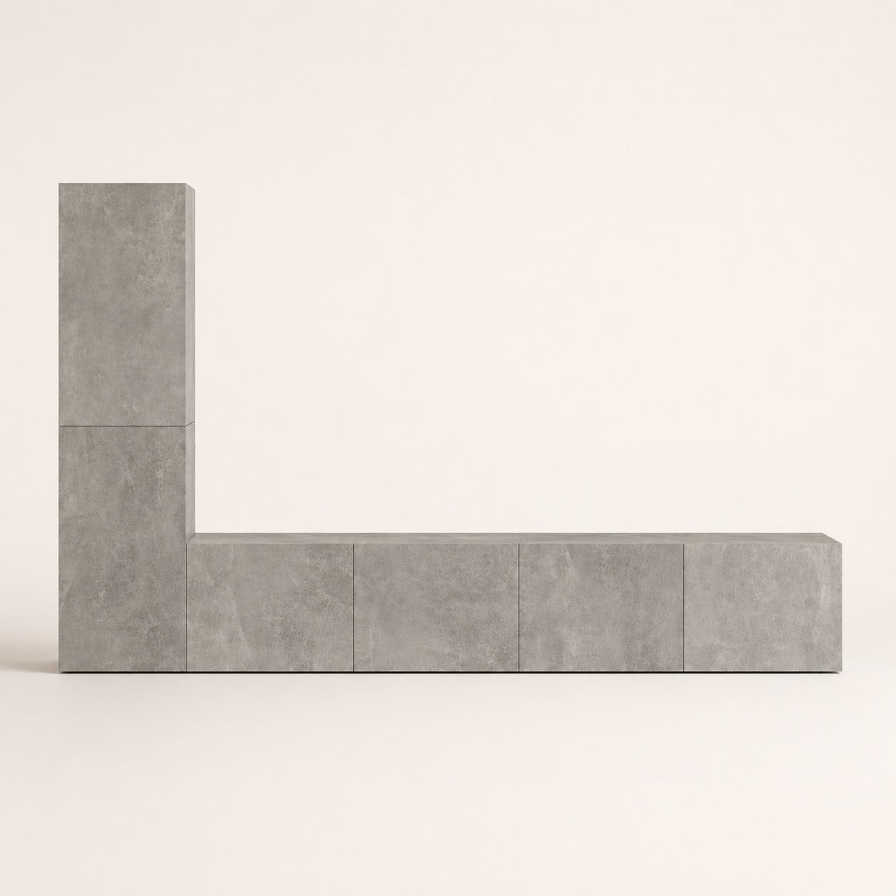 Meuble TV suspendus moderne gris effet pierre avec rangements fermés et lignes minimalistes