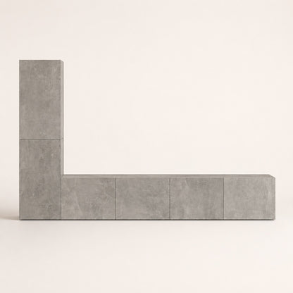 Meuble TV suspendus moderne gris effet pierre avec rangements fermés et lignes minimalistes