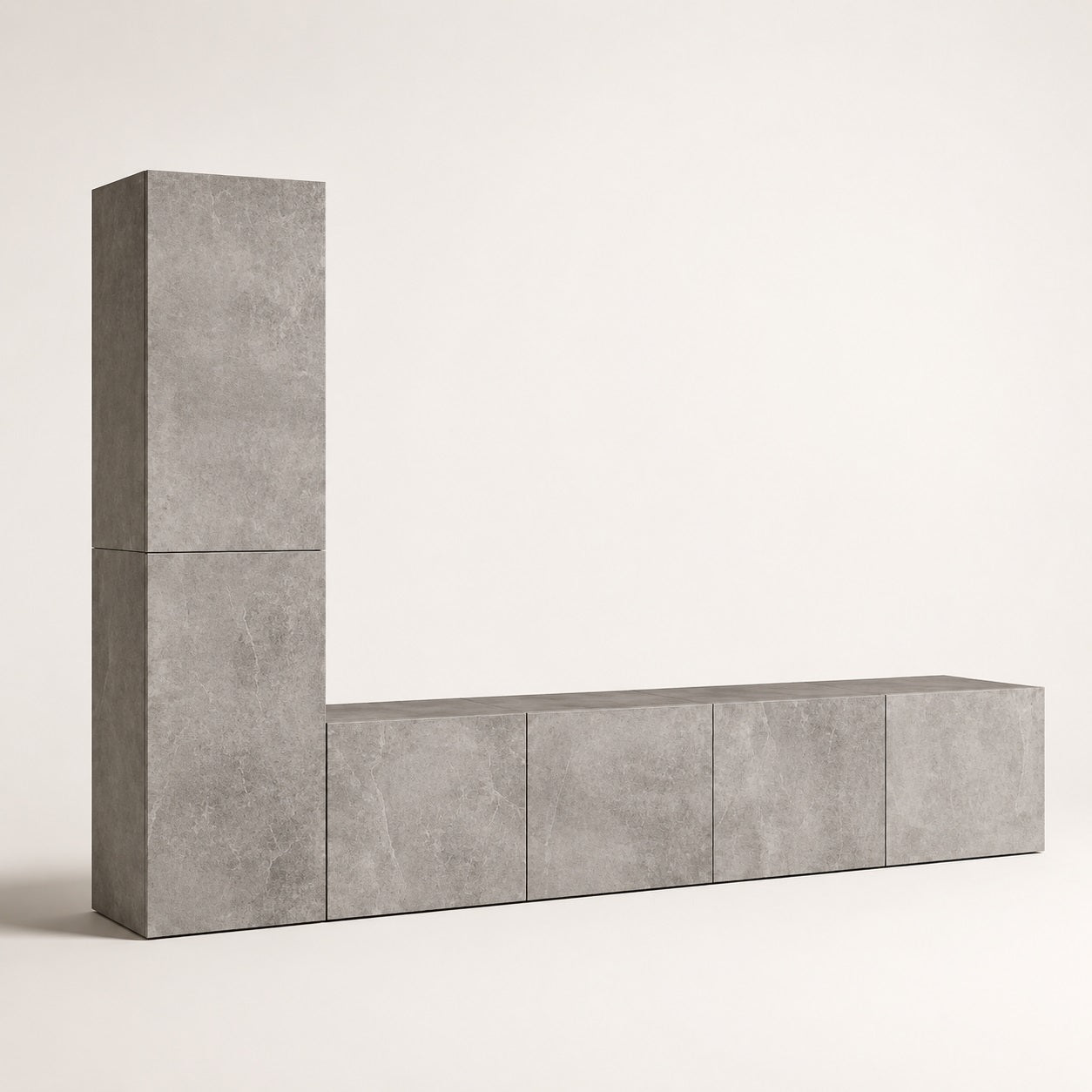 Meuble TV suspendus moderne effet béton avec colonne de rangement et style contemporain industriel