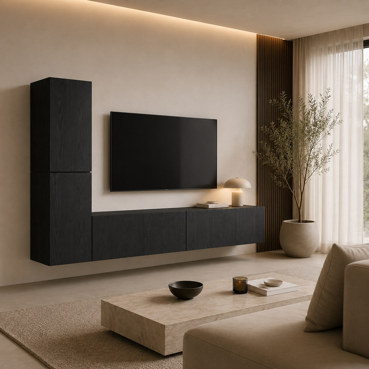 Meuble TV suspendus moderne noir dans un salon élégant au style contemporain et chaleureux