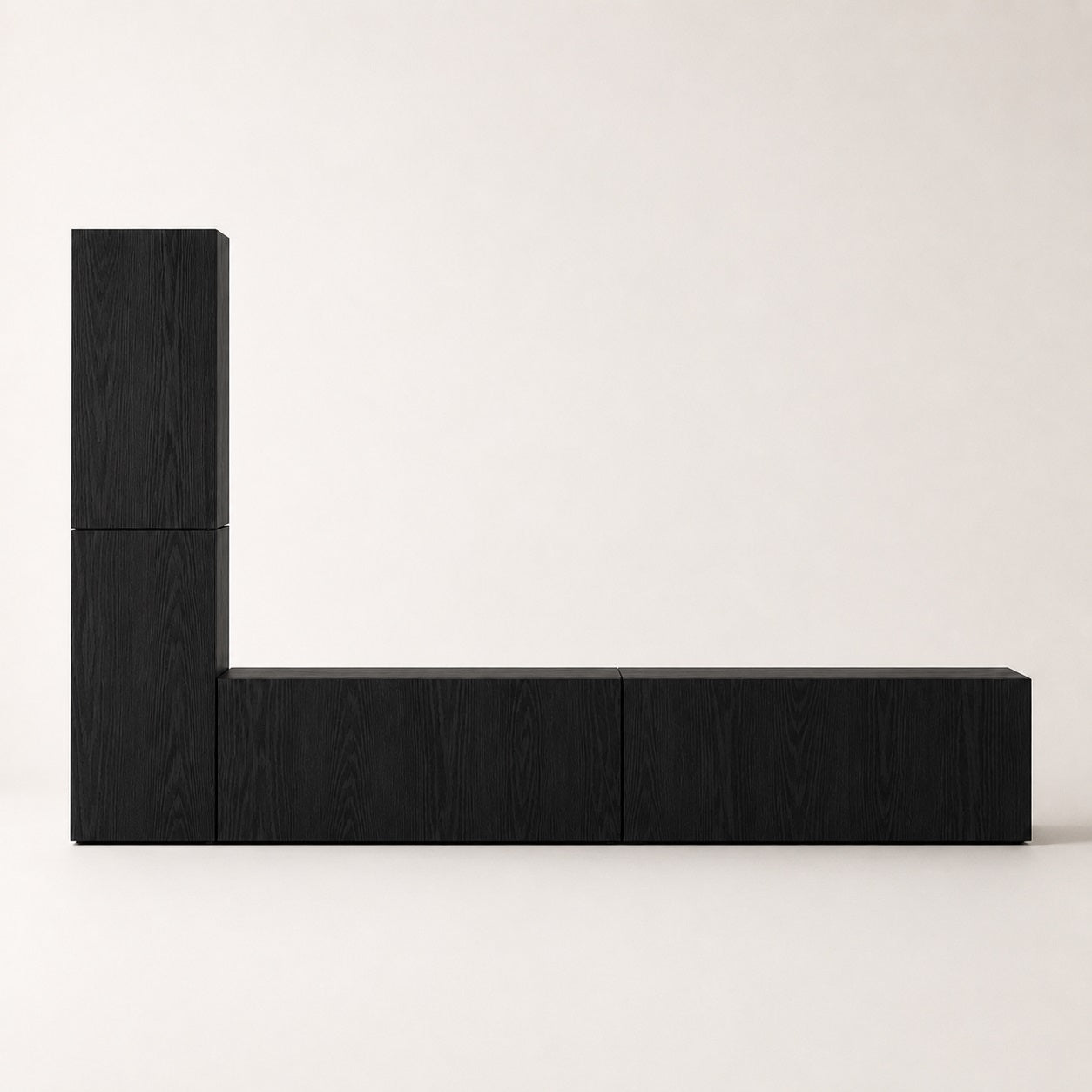 Meuble TV suspendus moderne noir avec colonne de rangement et finitions sobres haut de gamme