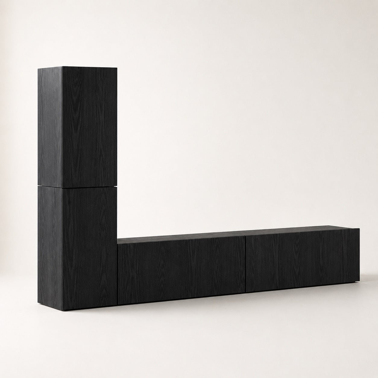 Meuble TV suspendus moderne noir avec finition bois foncé et design minimaliste contemporain