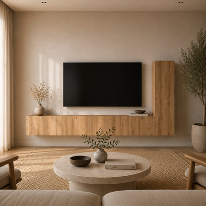 Meuble TV suspendus en bois avec colonne latérale, style moderne et ambiance chaleureuse