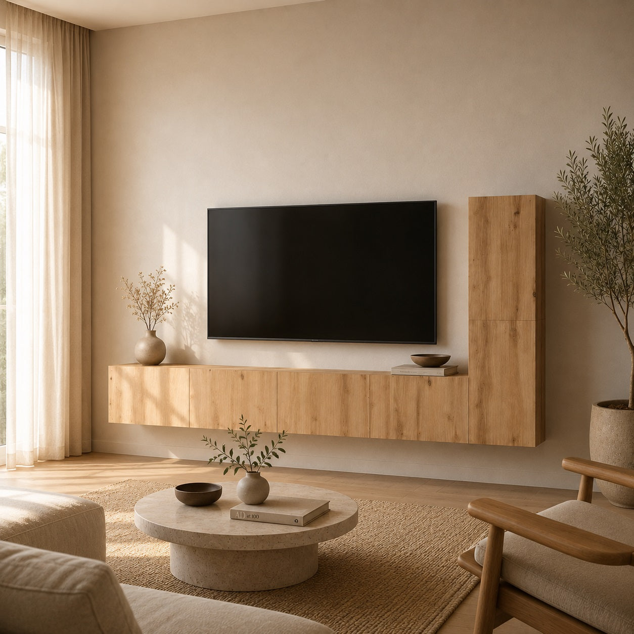 Meuble TV suspendus en bois dans un salon contemporain, rangement vertical et lignes épurées