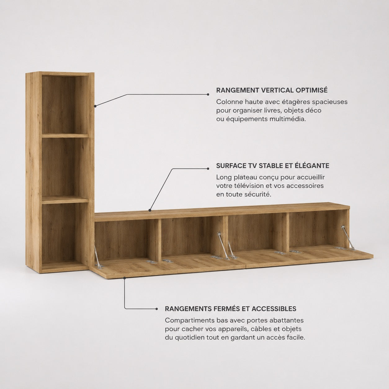 Meuble TV suspendus en bois avec rangements fermés, colonne verticale et organisation optimisée