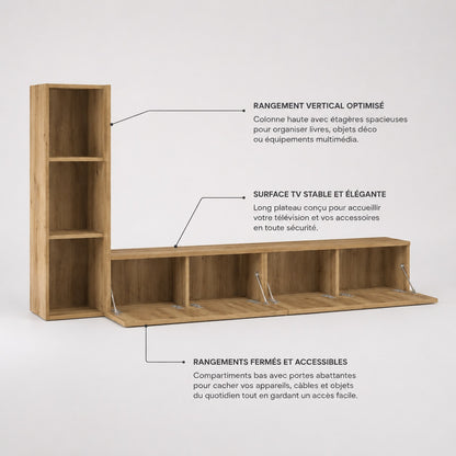 Meuble TV suspendus en bois avec rangements fermés, colonne verticale et organisation optimisée
