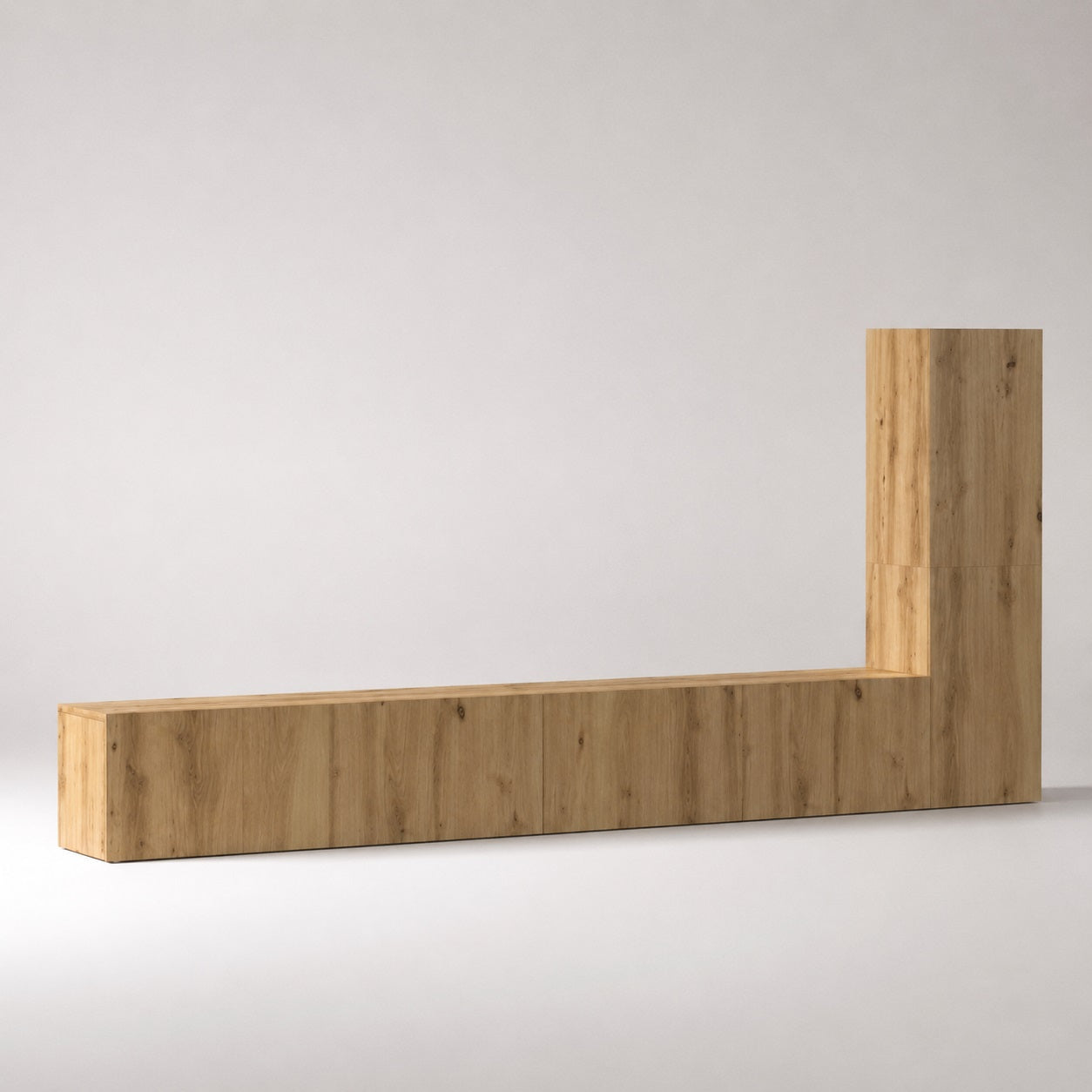 Meuble TV suspendus en bois avec colonne de rangement intégrée, design moderne et finition chêne artisanal